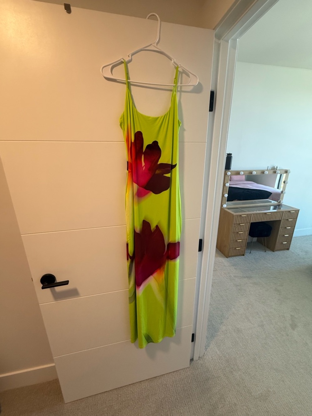White Fox Boutique Neon Lime Green Maxi Dress with Pink-Red Floral Print